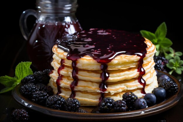 Delicious pancakes with blueberry jam under hanging lamp accompanied by jar of jam and spoon