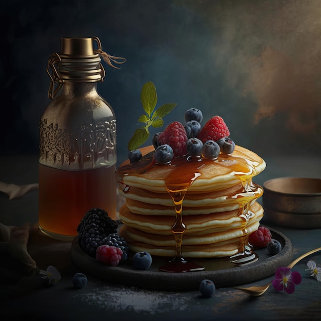 Delicious pancakes with fresh berries and dripping honey