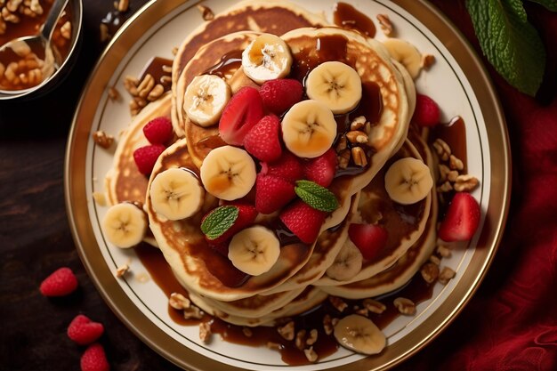 Photo delicious pancakes with fresh berries and nuts on a wooden table closeup ai generative