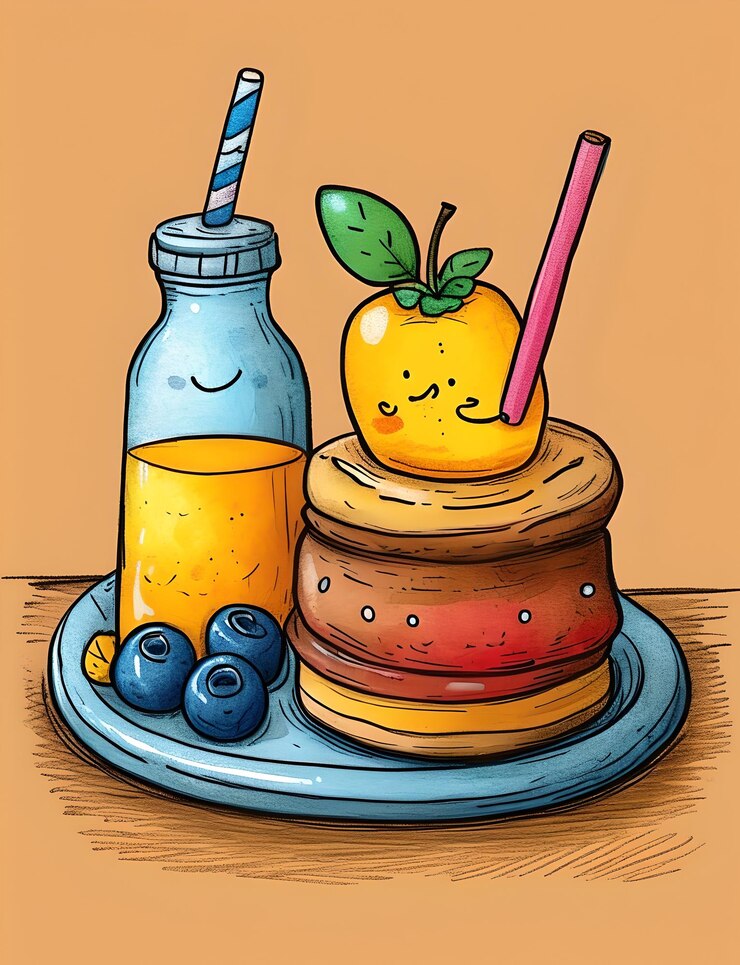 Photo delicious pancakes with fruits and orange juice cartoon illustration for breakfast or menu design
