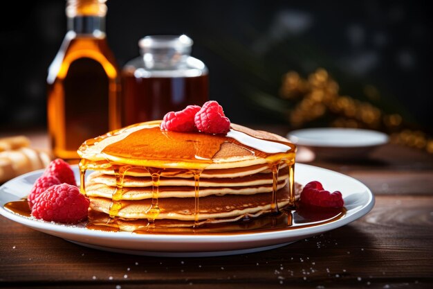 Delicious pancakes with honey and raspberries