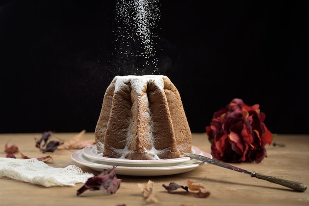 Delicious Pandoro with chocolate filling covered with powder
