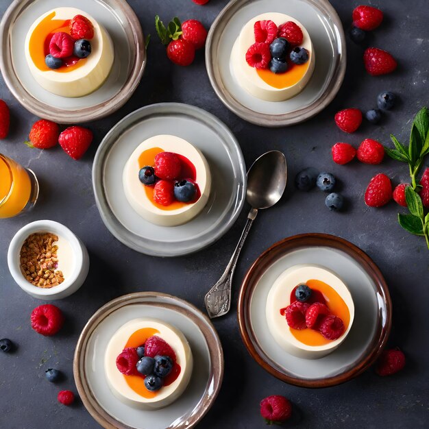 Delicious panna cotta with fresh raspberries and mint