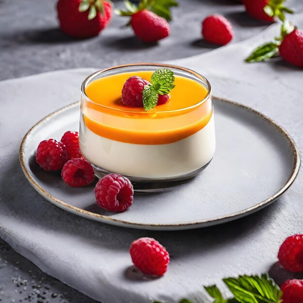 Delicious panna cotta with fresh raspberries and mint