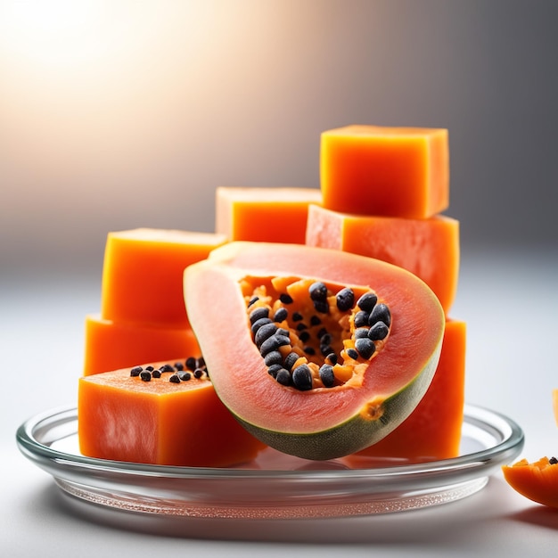 delicious papaya fruits cut into small cubes on a glass plate isolated in white paper background