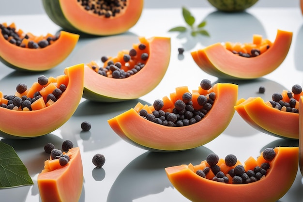 delicious papaya fruits cut into small cubes on a glass plate isolated in white paper background