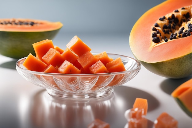 delicious papaya fruits cut into small cubes on a glass plate isolated in white paper background