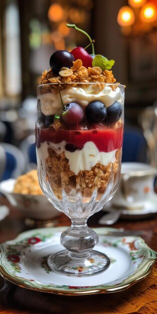 Delicious parfait with fruits cumble and whipped cream in a vintage glass