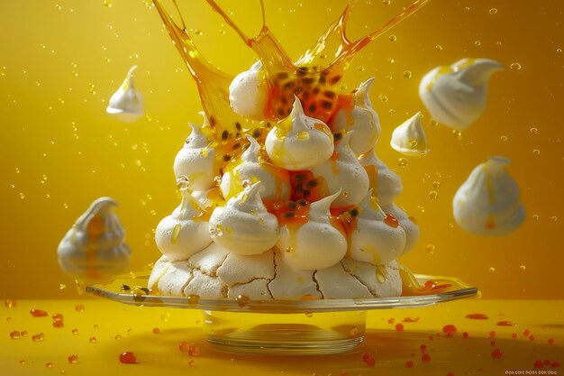 Delicious Passion Fruit Pavlova Cake Splashing op een levendige gele achtergrond met dynamische beweging