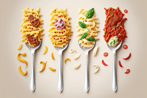 Foto deliziosa pasta di tutti i tipi servita con cucchiai e forchette spaghetti alla carbonara pasta alla bolognese penne all'arrabbiata fusilli pasta alla bolognese