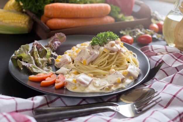 Delicious pasta carbonara with bacon and parmesan