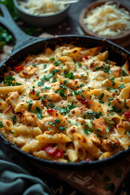 Photo a delicious pasta and cheese dish in a skillet on a rustic wooden table