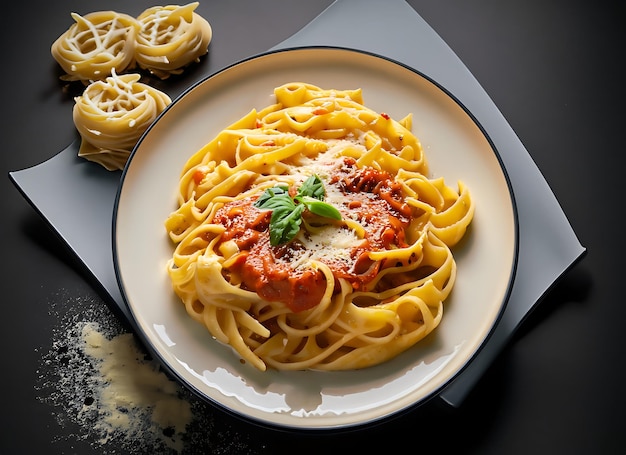 濃い背景のソースで美味しいパスタ料理料理やイタリア料理のテーマに最適です