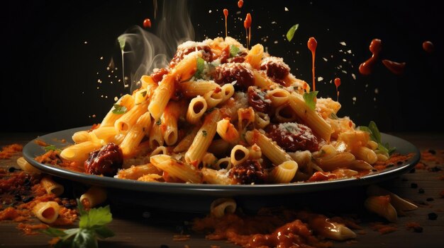 delicious pasta on a plate with black and blur background