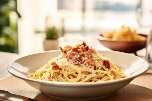 Delicious pasta with bacon and sauce italian cuisine recipe