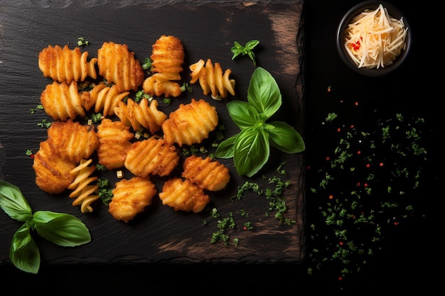 Foto pasta deliziosa con nuggets su tavola nera