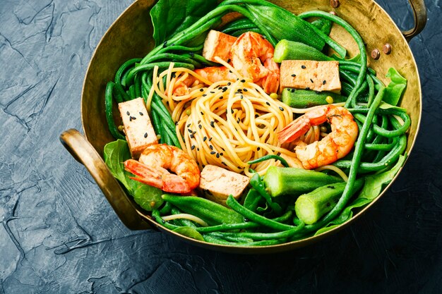 Delicious pasta with shrimps and cowpea.Thai cuisine.Asian salad