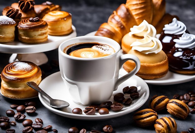 Delicious pastries and coffee in cup