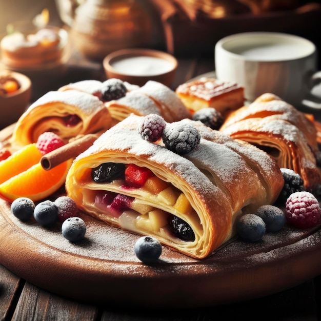 Foto pasta deliziosa come lo strudel di frutta servito su una tavola di legno e leggermente spruzzato di zucchero da cottura ai generativo