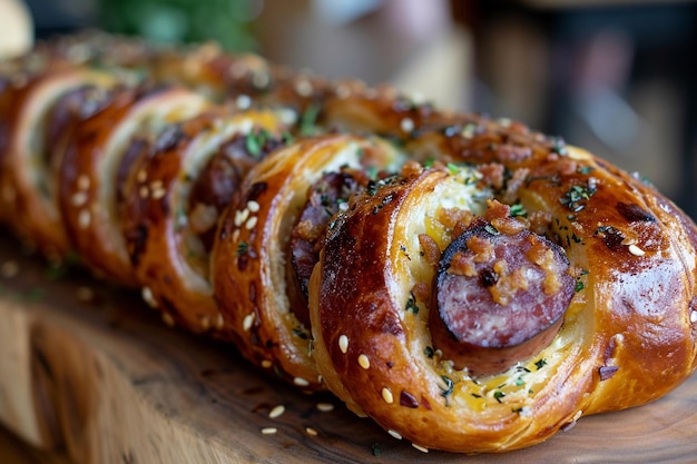 Delicious pastry with sausages on wooden board