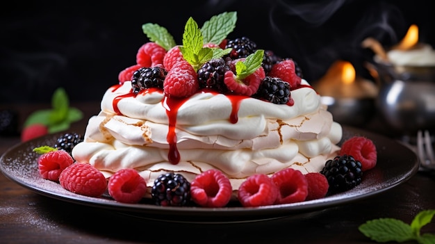 вкусный десерт из павловы со свежими ягодами и битой сливкой