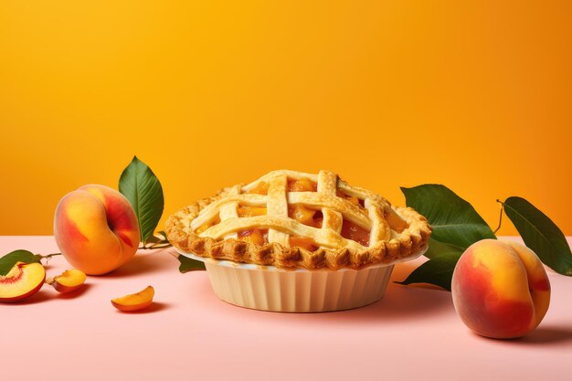 Delicious peach pie against colorful backdrop