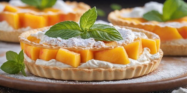 Delicious peach tart with whipped cream on wooden table closeup