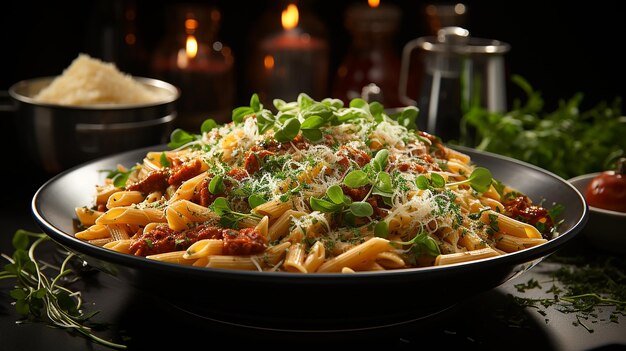 Delicious Penne Pasta Tomato Sauce with Meat Tomatoes and Decoration