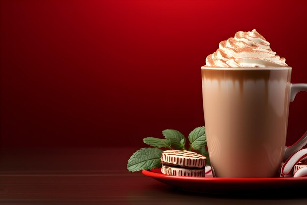 Photo delicious peppermint latte on a red background with space for copy