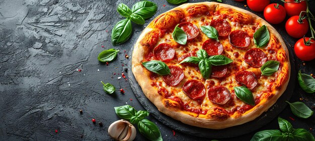 Delicious pepperoni pizza on a dark background sausage pizza italian pepperoni pizza in pizzeria