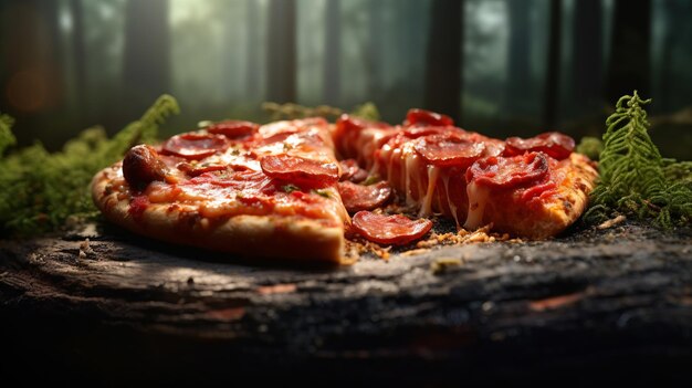 A delicious pepperoni pizza on a rustic wooden table in the middle of the forest