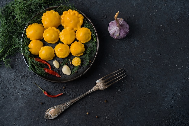 Delicious pickled mini squash on display in the kitchen