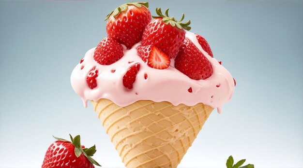 イチゴの入ったおいしいアイスクリームコーンの画像 生成 AI