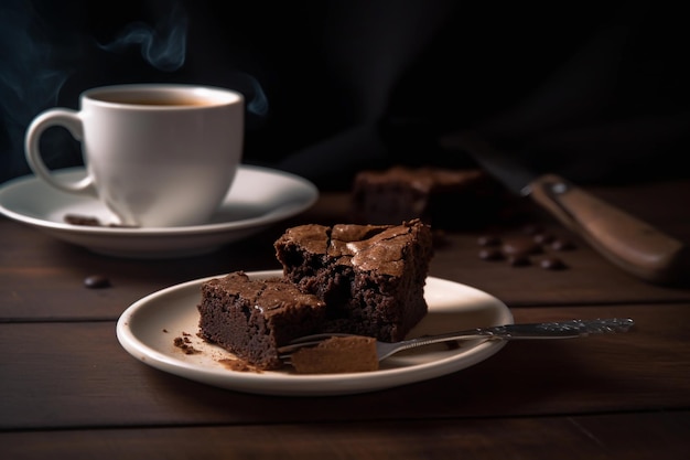 Delicious piece of brownie along with tasty hot coffee or cappuccino on wooden table in coffee shop or restaurant generative ai