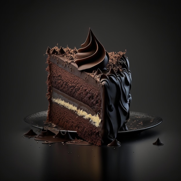 Delicious a piece of chocolate cake dark background