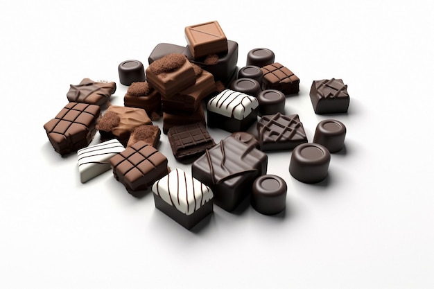 Photo delicious pieces of black chocolate on white background photo 3d render isometric