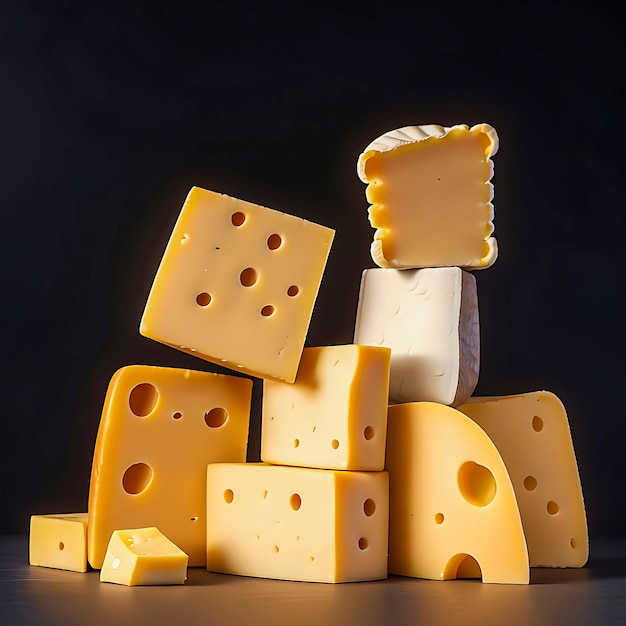 delicious pieces of cheese on black background generative AI