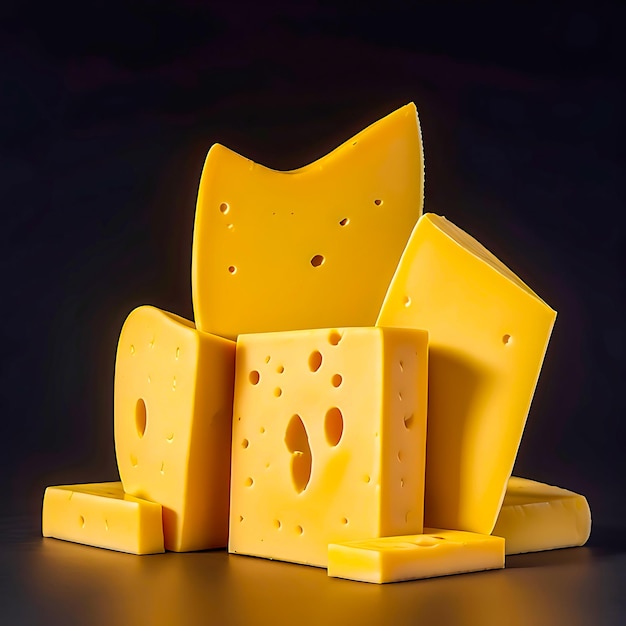 delicious pieces of cheese on black background generative AI