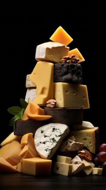 Delicious Pieces of Cheese on Black Background