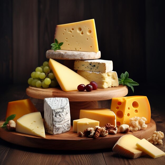 delicious pieces of cheese on wood table