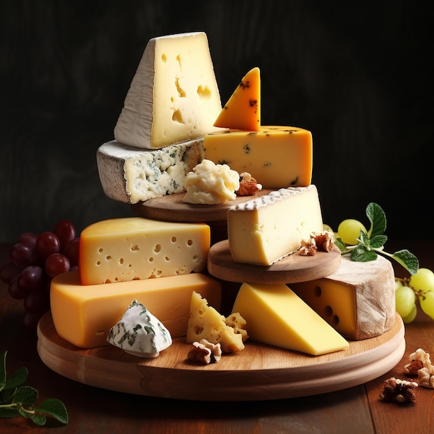 delicious pieces of cheese on wood table