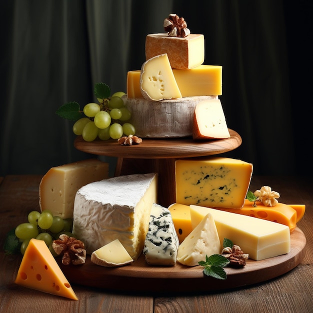 delicious pieces of cheese on wood table