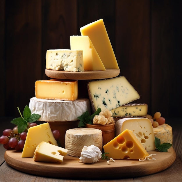 delicious pieces of cheese on wood table