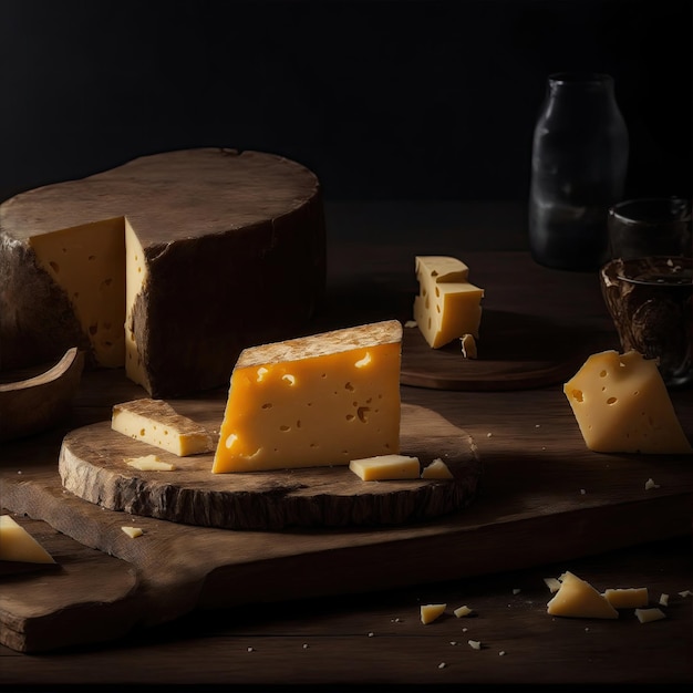 Delicious pieces of cheese on wooden table