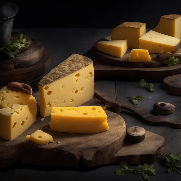 Delicious pieces of cheese on wooden table