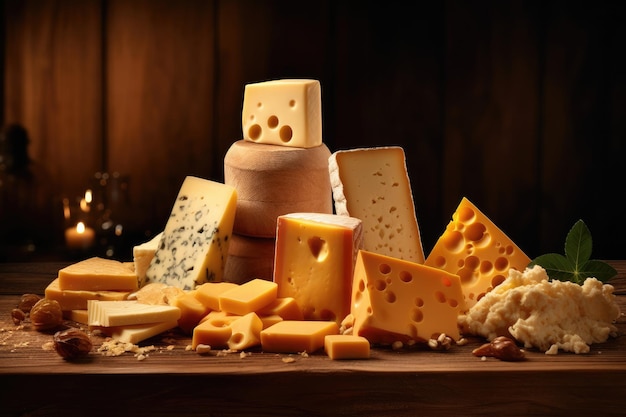 Вкусные кусочки разных видов сыра класса люкс обои Generative Ai