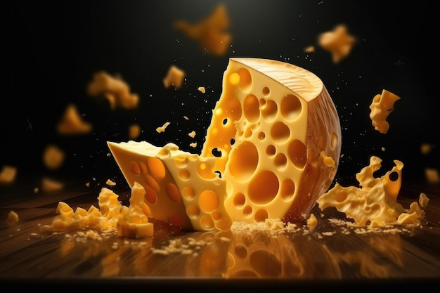 Delicious pieces of luxury cheese with holes flowing on dark background Generative Ai