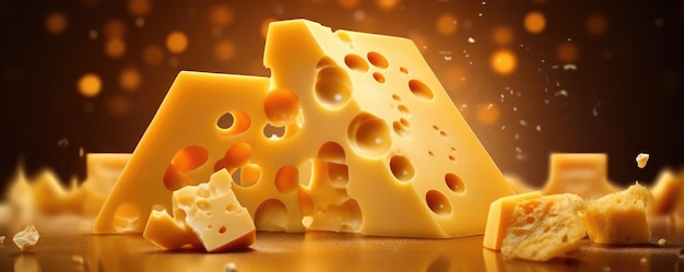 Delicious pieces of luxury cheese with holes flowing on dark panorama background Generative Ai