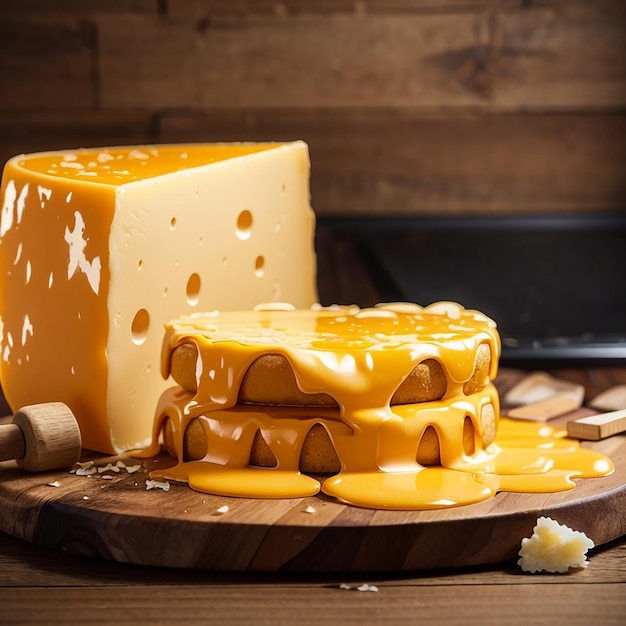 A delicious of pile of melted cheese on wooden table and wood background