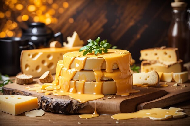 A delicious of pile of melted cheese on wooden table and wood background